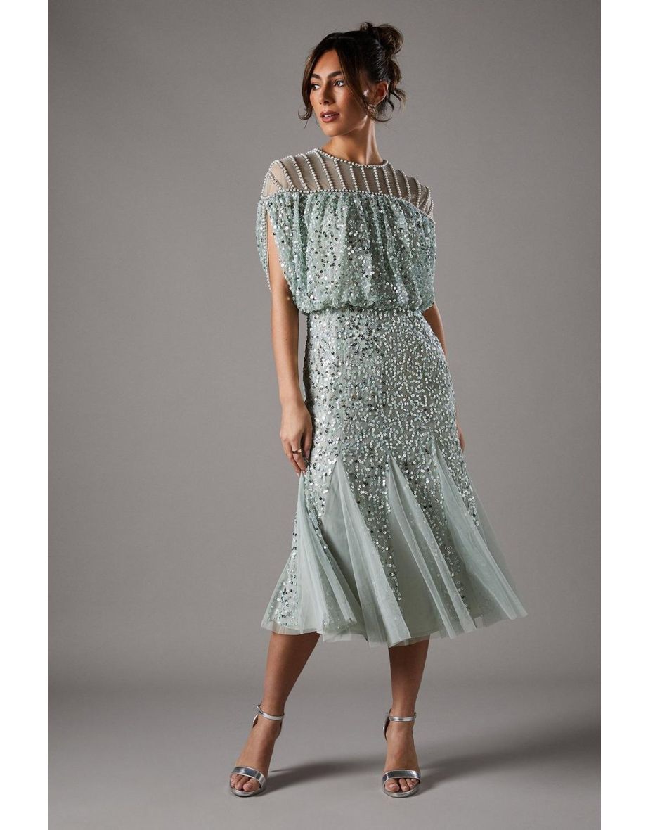 Sequin Embellished Cape Midi Dress