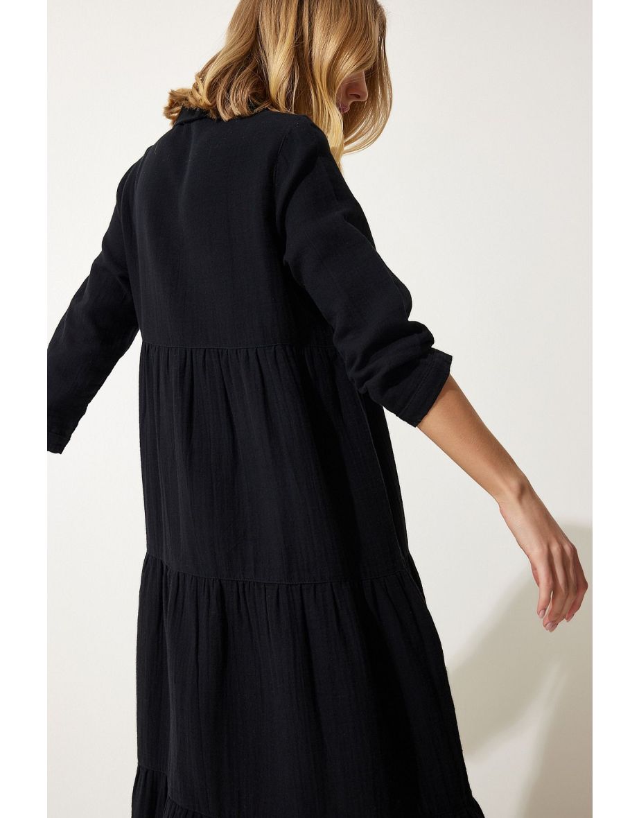 Women's Black Muslin Flared Shirt Dress - 6