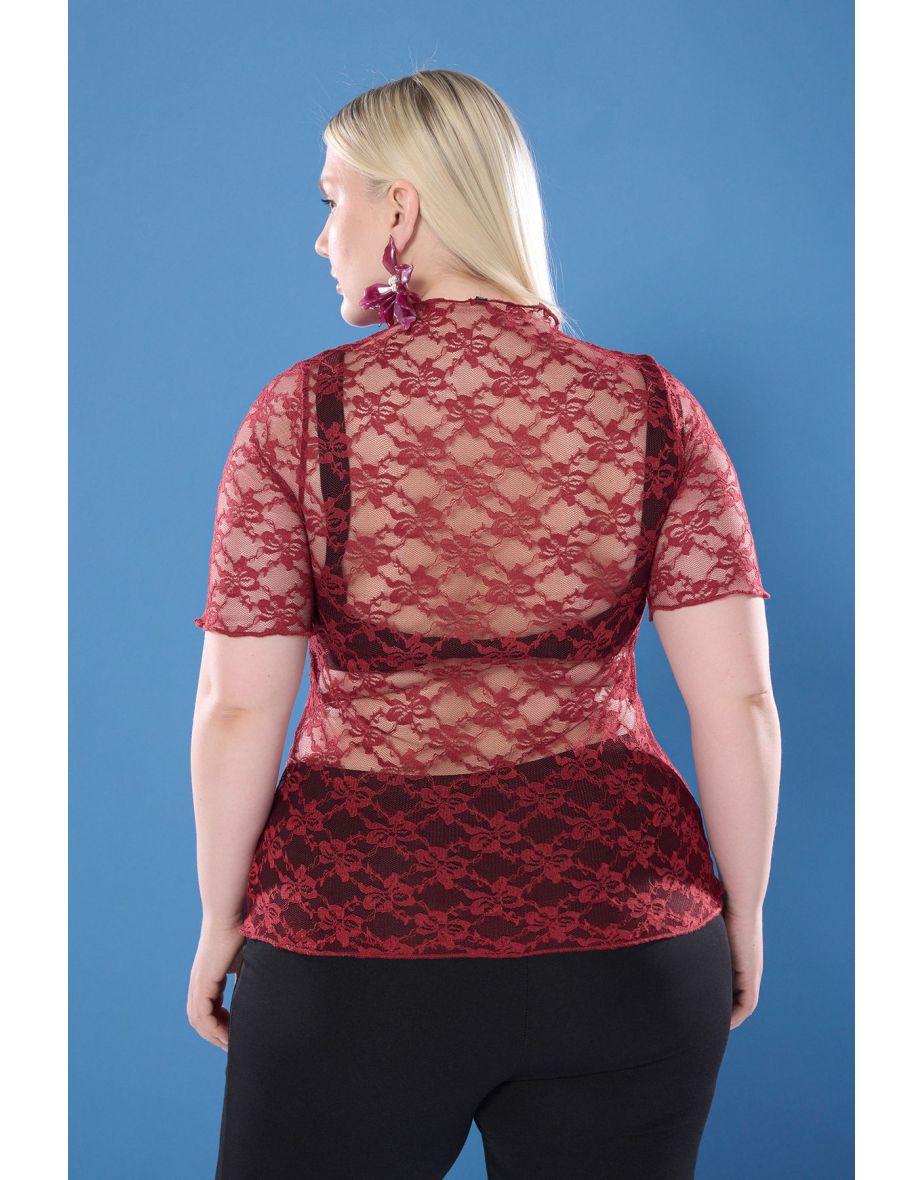 Burgundy Knitted Plus Size Lace Blouse - 3