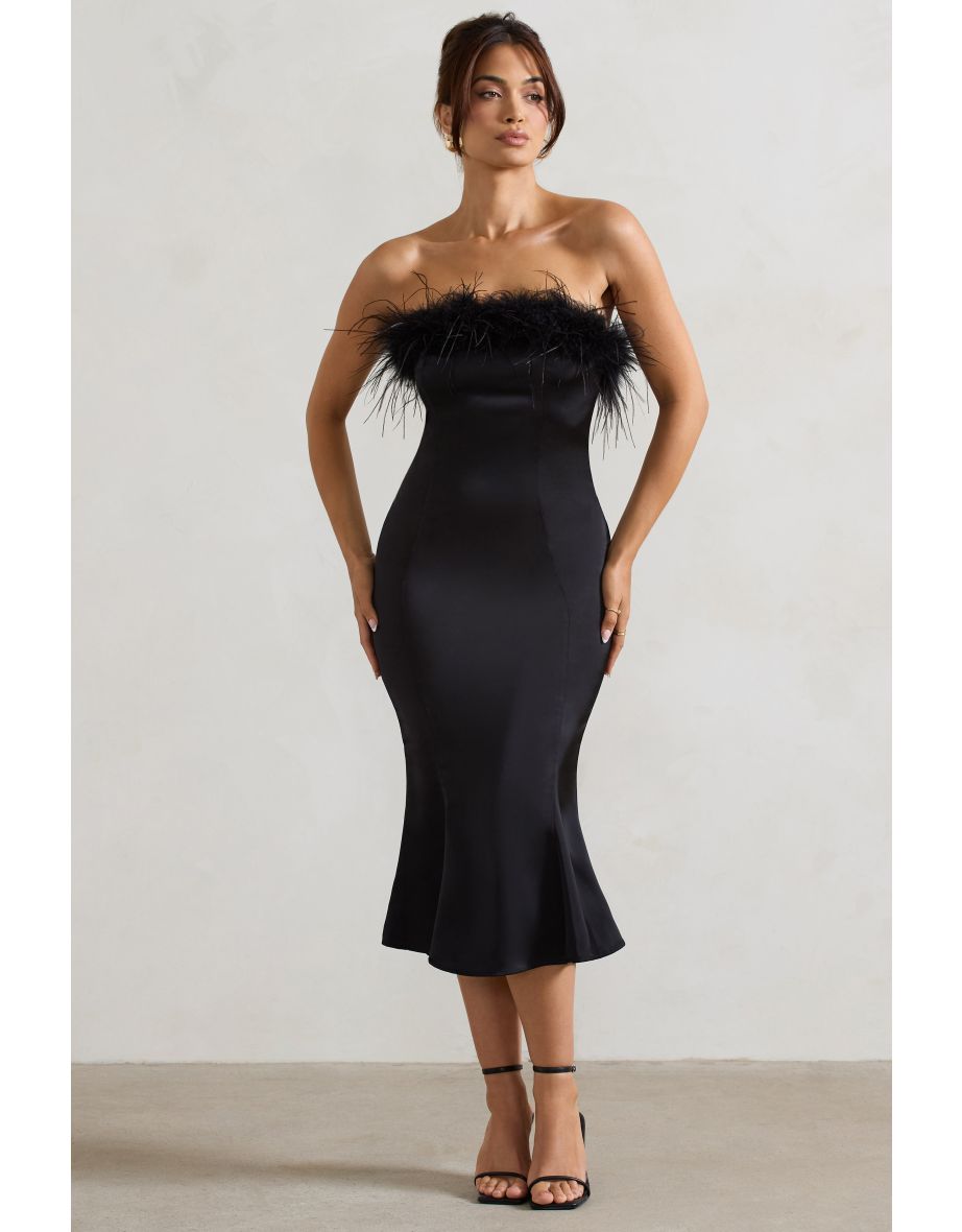 One And Only | Black Satin Feather Trim Midaxi Dress