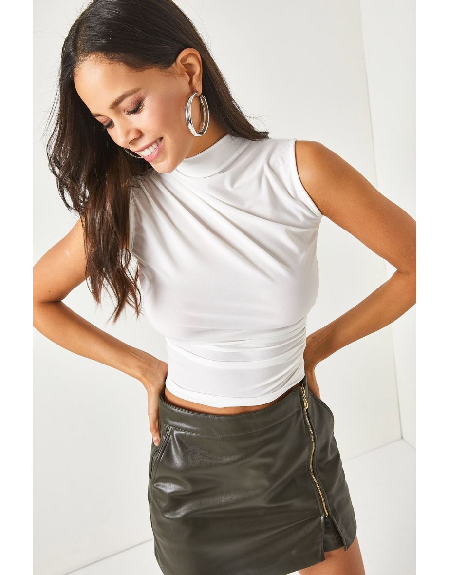 Women's White High Neck Gathered Detailed Crop Blouse