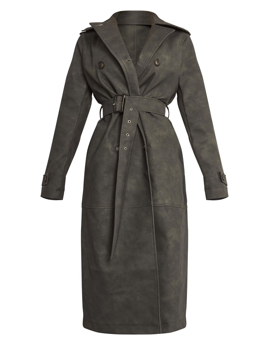 Petite Black Faux Leather Double Breasted Belted Trench Coat - 4