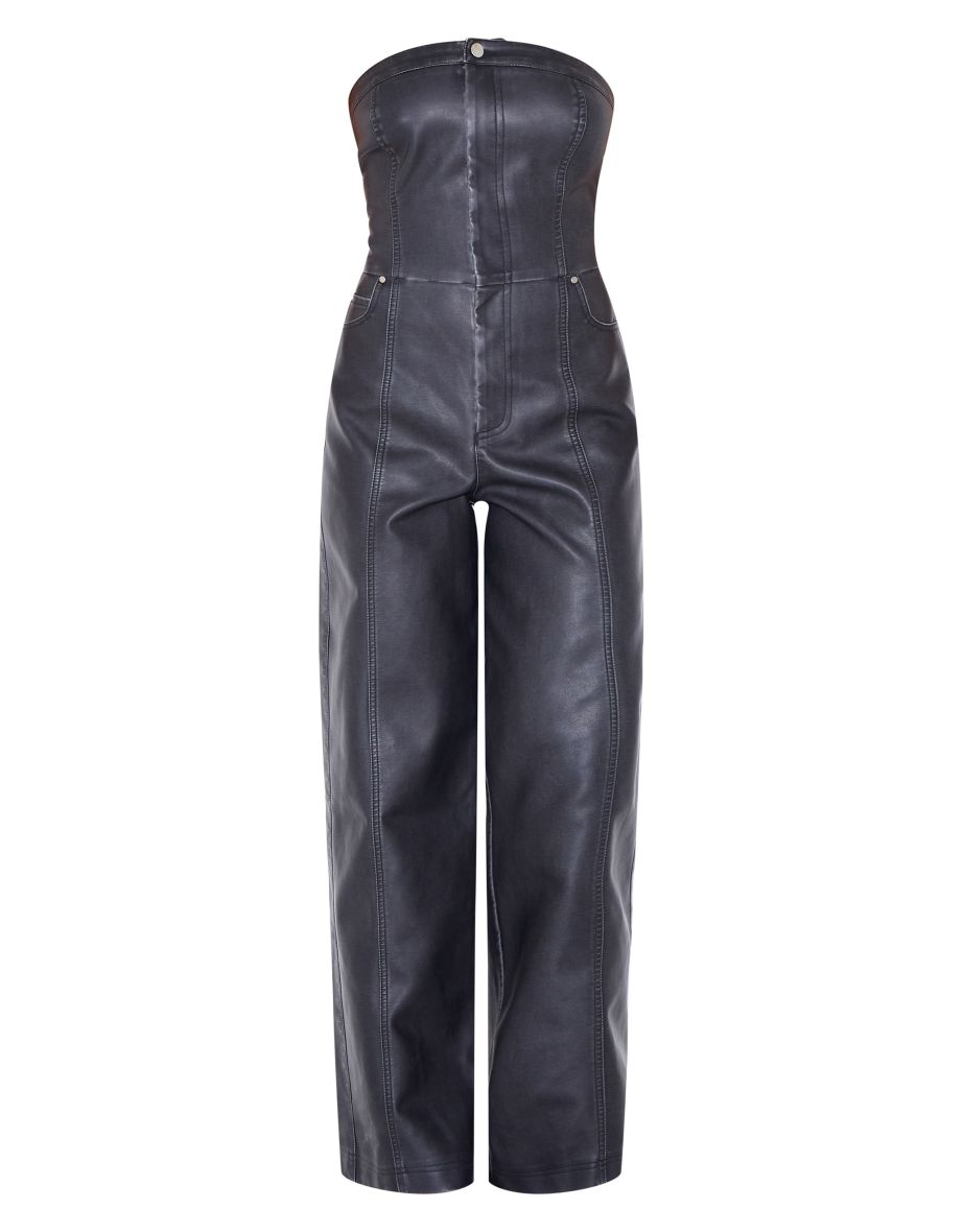 Black Faux Leather Bandeau Lace Back wide Leg Jumpsuit - 4