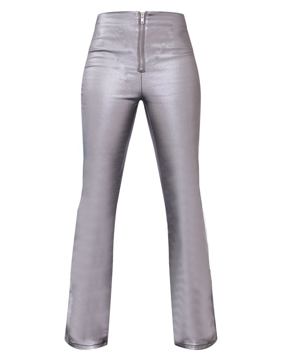 Gunmetal Metallic Look Coated Flare Jeans - 4