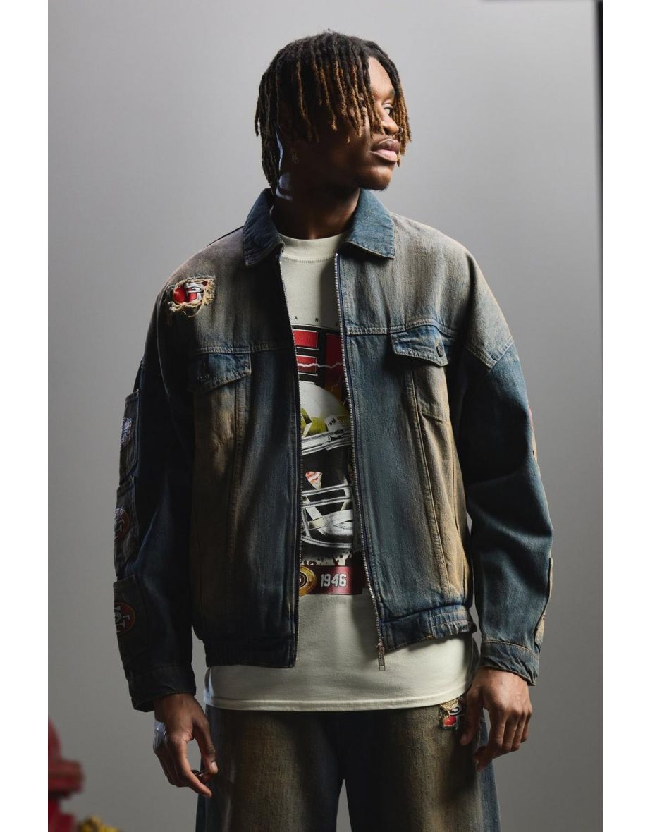 Nfl 49ers Oversized Zip Through Multi Pocket Denim Jacket - antique wash