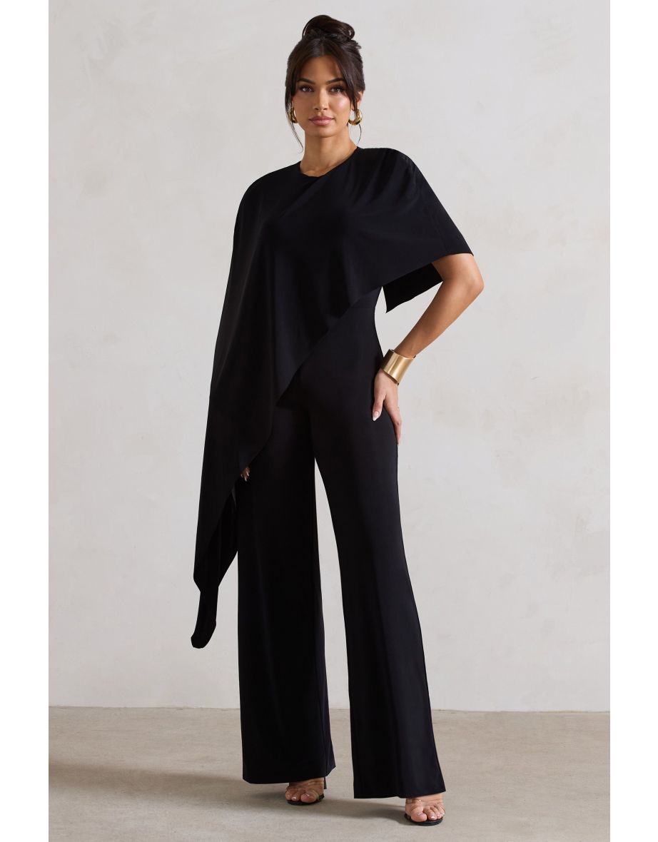 Reserve | Black High-Neck Wide-Leg Jumpsuit With Cape - 4