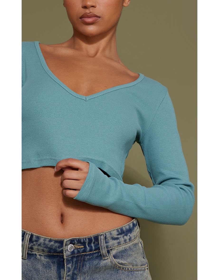 Teal Basic Rib V Neck Crop Top - 3