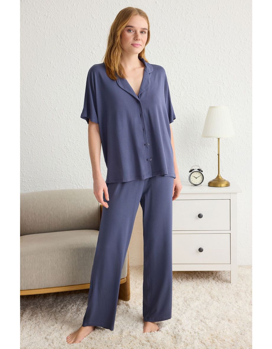 Anthracite Plain Viscose Supreme Knitted Pajama Set - 4