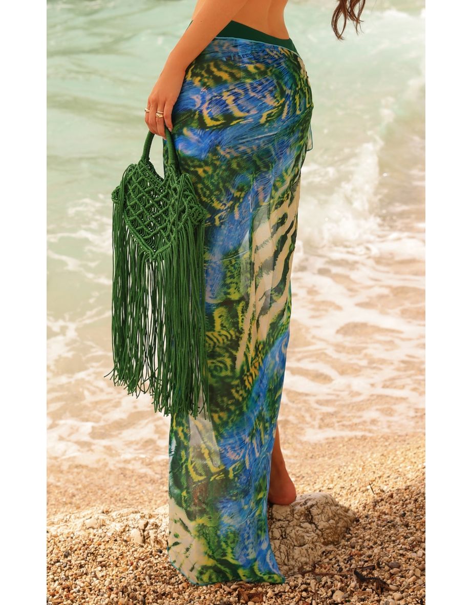 Green Multi Tiger Print Midi Beach Sarong - 2