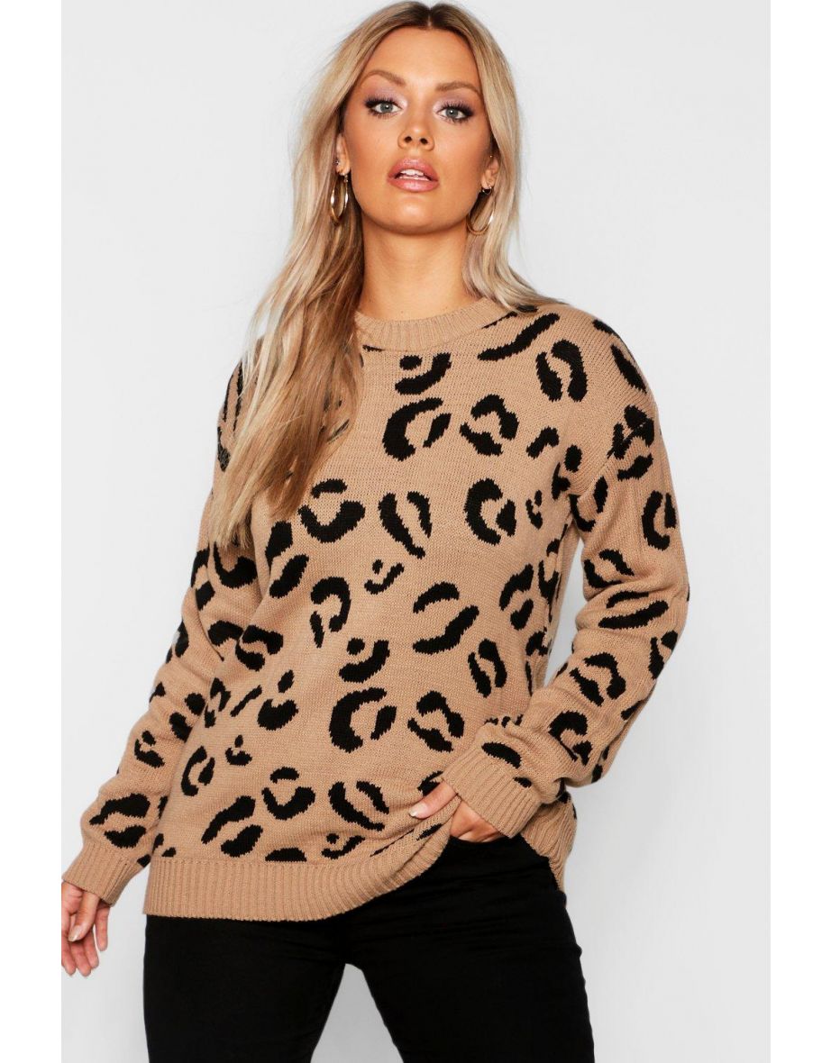 Plus Leopard Knitted Jumper - camel