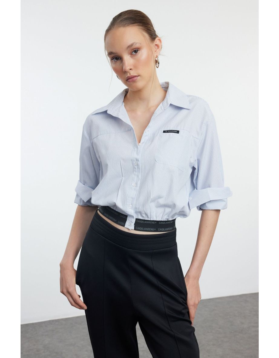 Blue Striped Crop Shirt with Elastic Hem and Label Detail