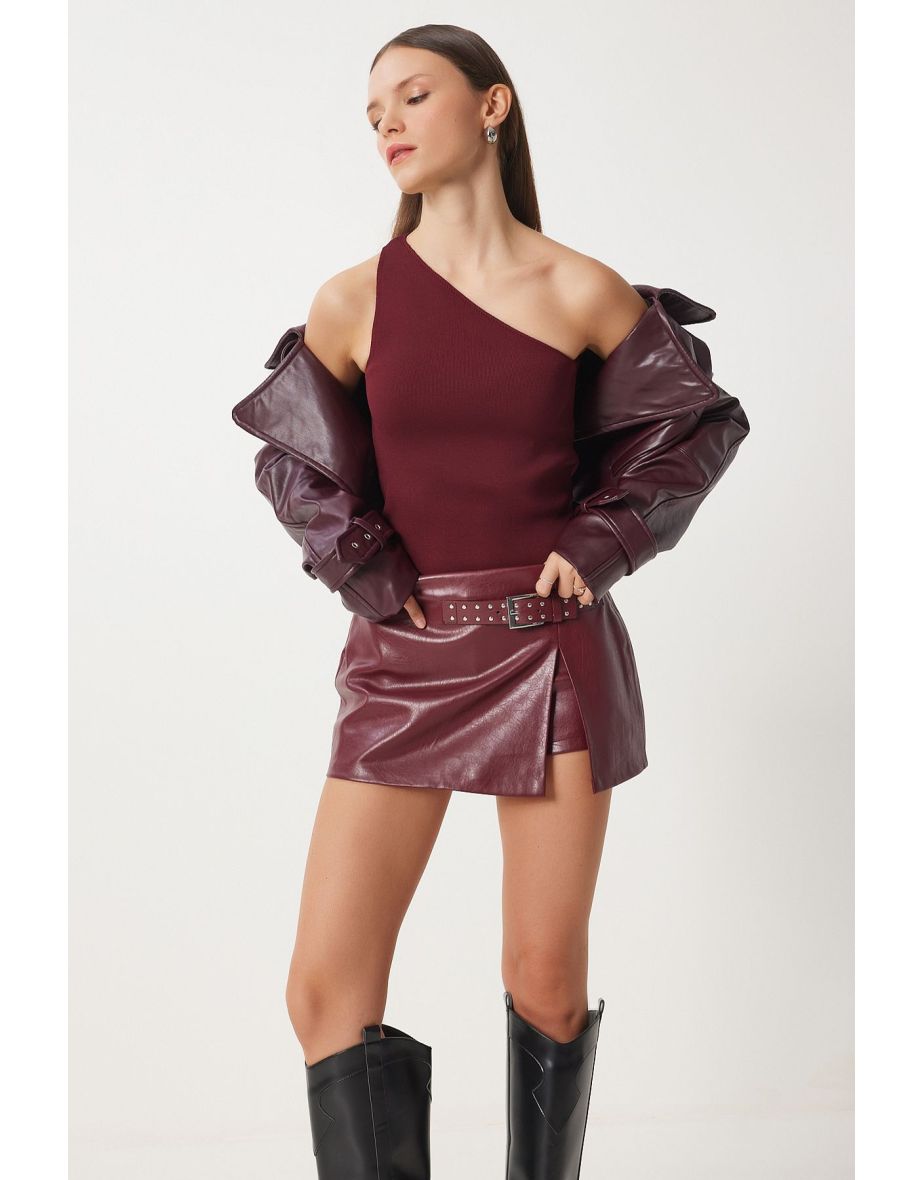 Women's Burgundy One Shoulder Wrap Knit Top