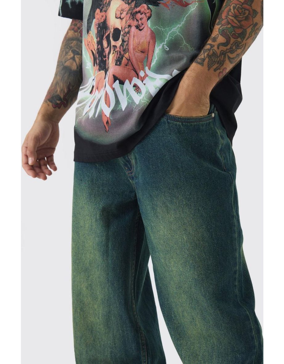 Relaxed Fit Green Tinted Jeans - dark green - 2