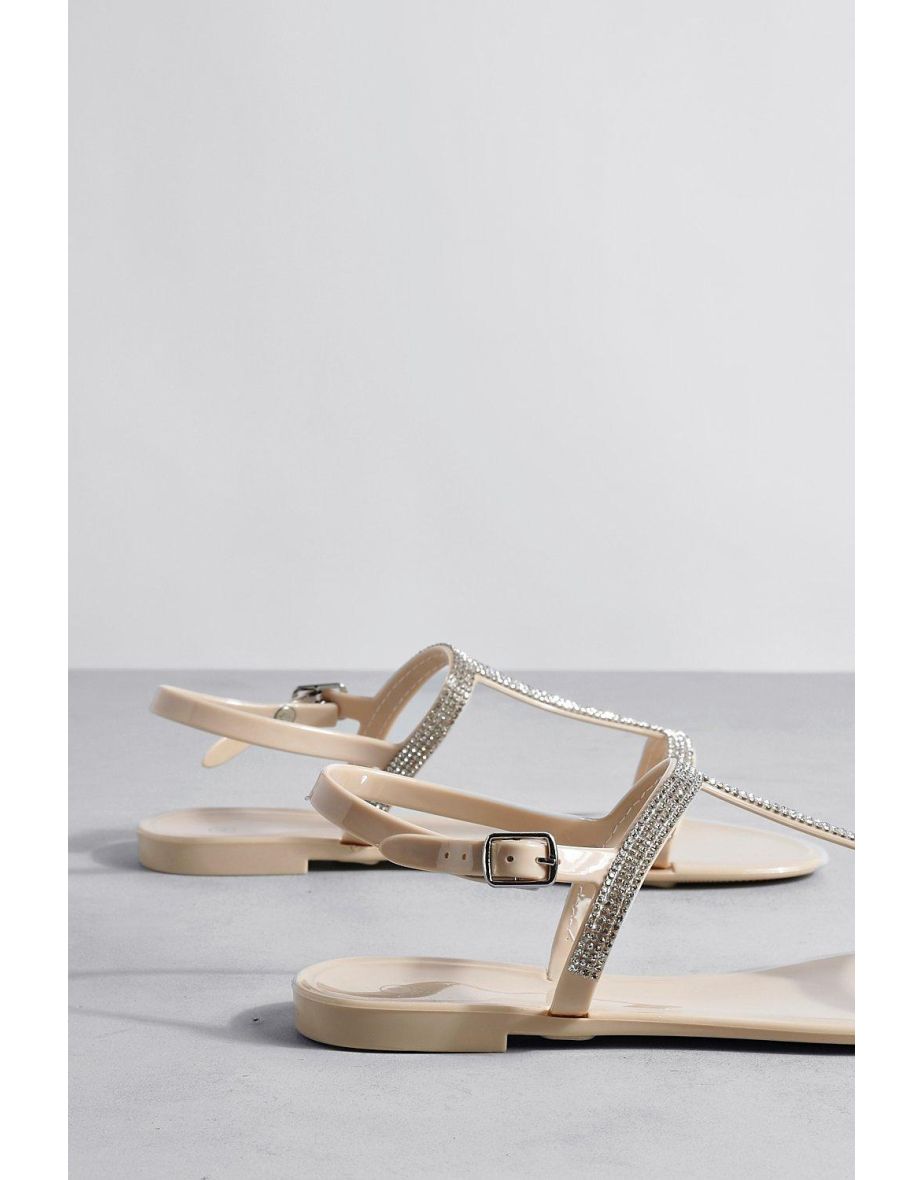 Wide Fit Diamante Embellished Jelly Sandals - beige - 3