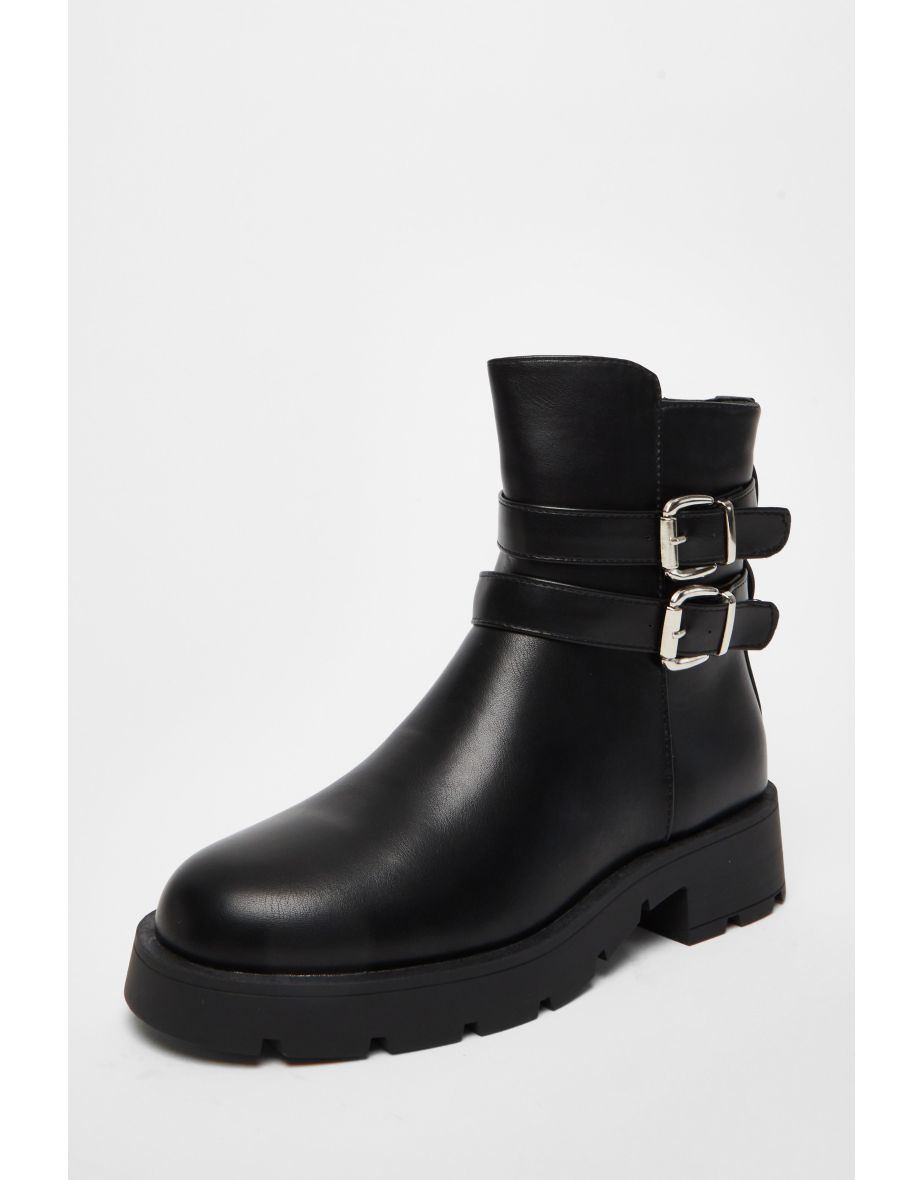Black Faux Leather Double Buckle Ankle Boot