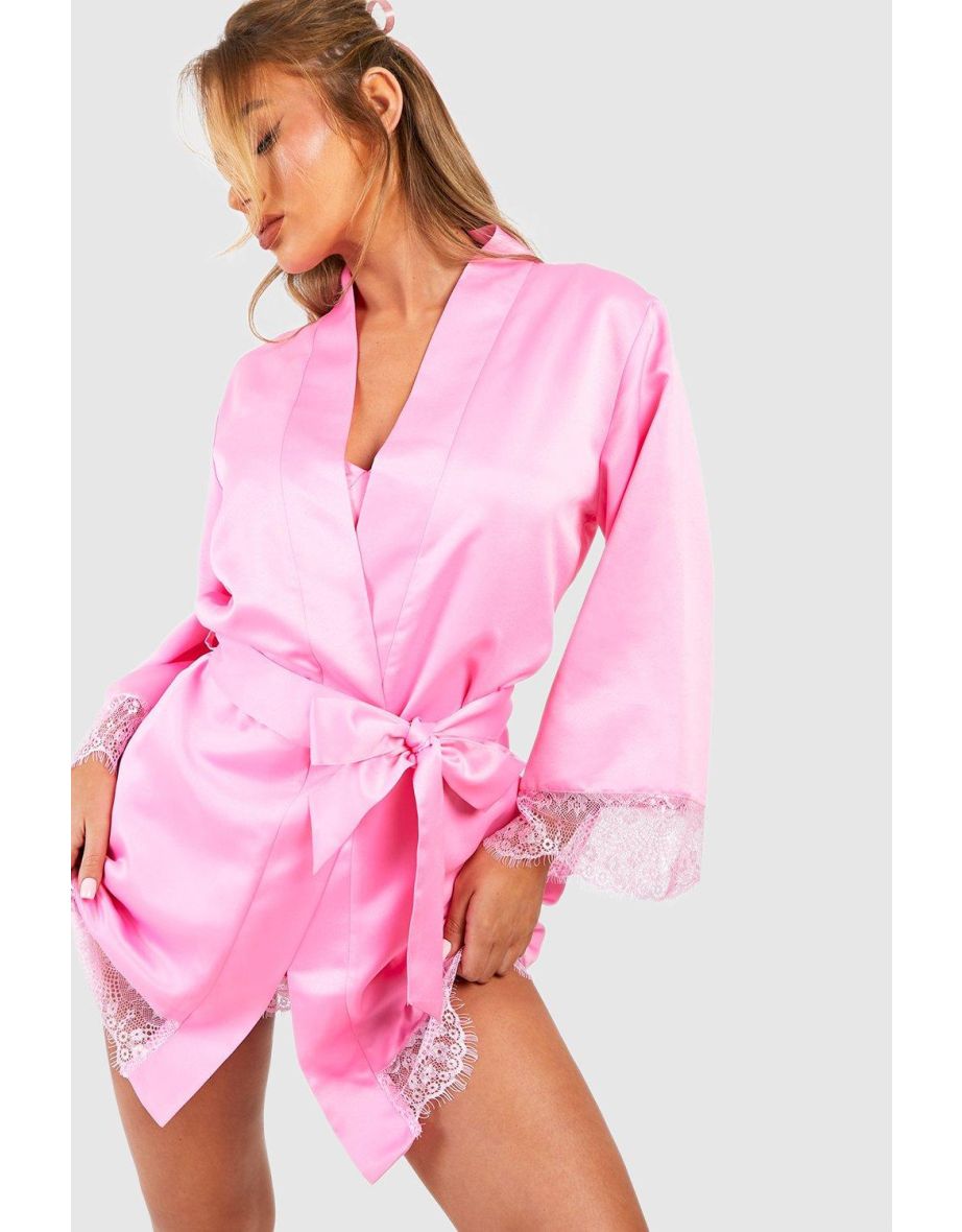 Valentine's Satin Lace Trim Robe - pink - 3