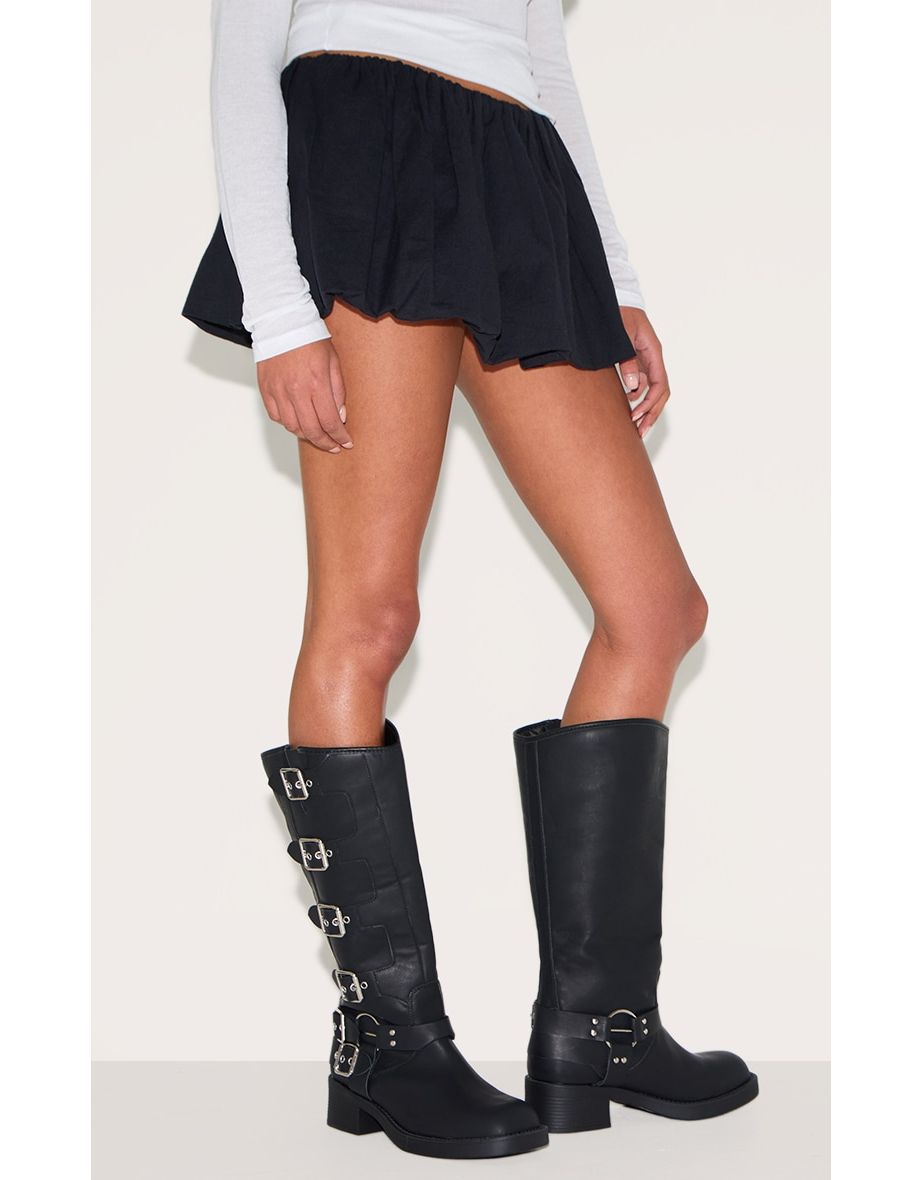 Black Pu Round Toe Multi Buckle Harness Knee High Boots