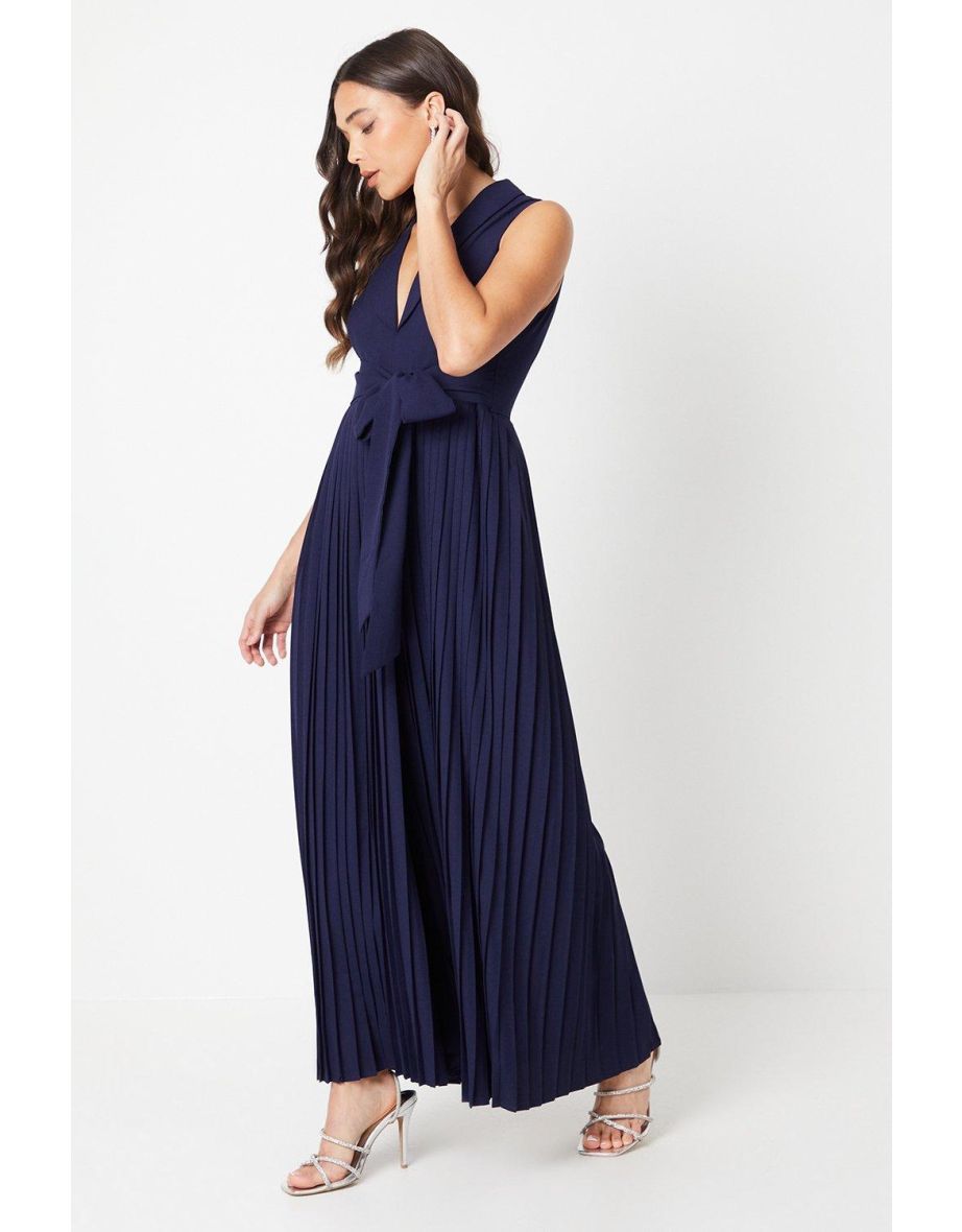 Petite Pleated Wide Leg Sleeveless Jumpsuit