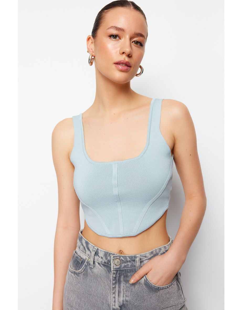 Blue Crop Top Corset Detailed Knitwear Blouse