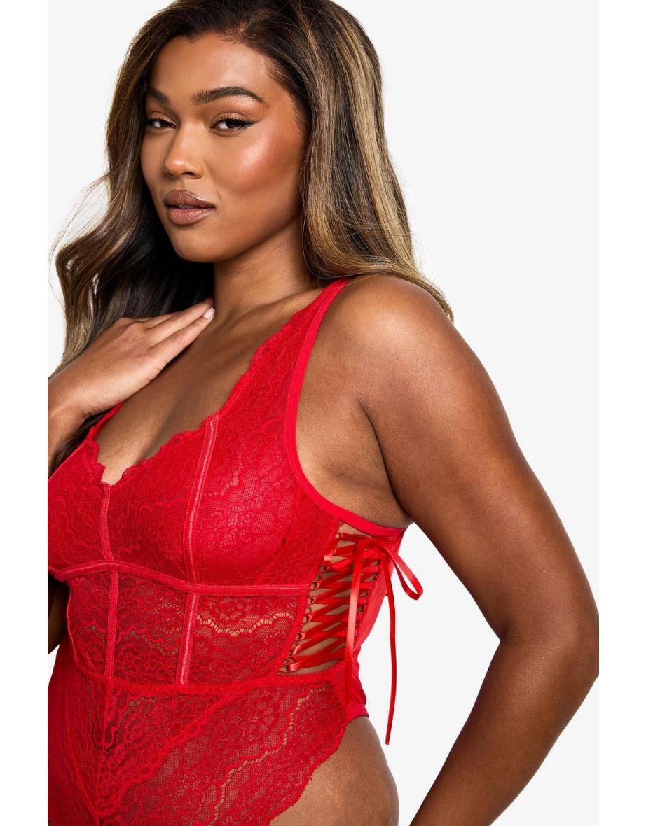 Plus Lace Bodice Detail Lace Up Bodysuit - 2