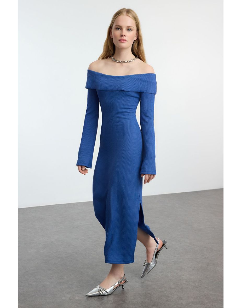Indigo Fitted Carmen Neck Soft Textured Midi Stretch Knitted Pencil Dress