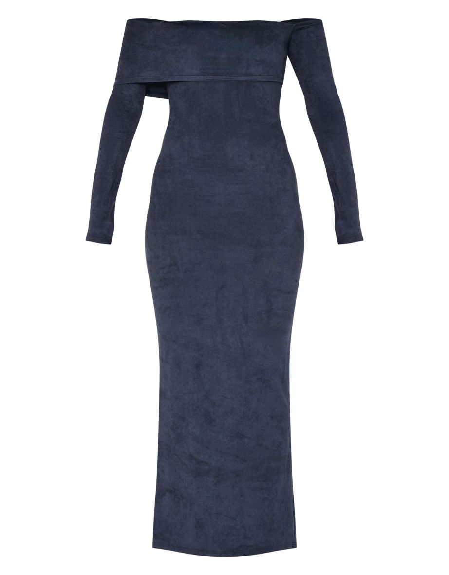 Black Faux Suede Bardot Long Sleeve Maxi Dress - 4
