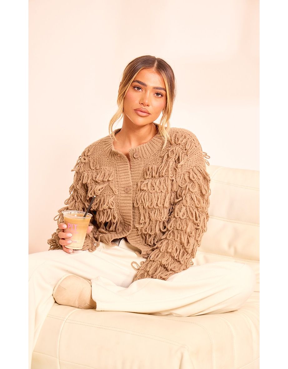 Shop Taupe Loop Knit Crew Neck Button Up Cardigan Online in Bahrain VogaCloset