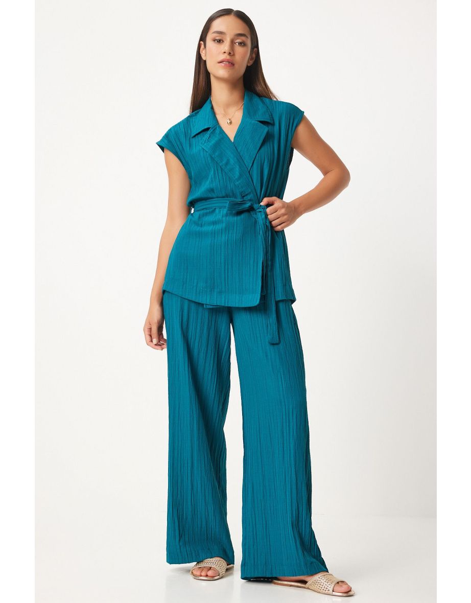 Women's Petrol Green Belted Vest Palazzo Knitted Suit