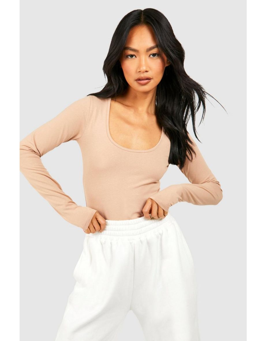 Basic Cotton Extreme Scoop Neck Long Sleeve Bodysuit - camel