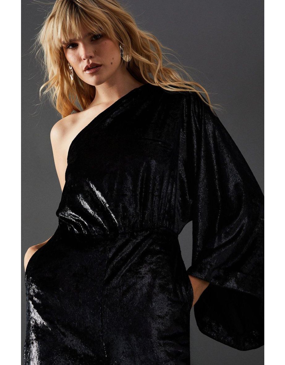 Metallic Texture One Shoulder Flared Sleeve Jumpsuit - 3