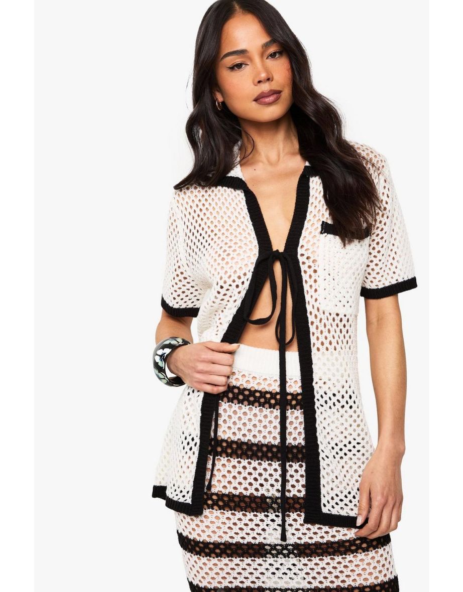 Crochet Tie Front Oversized Shirt and Stripe Maxi Skirt Co-Ord - mono - 3