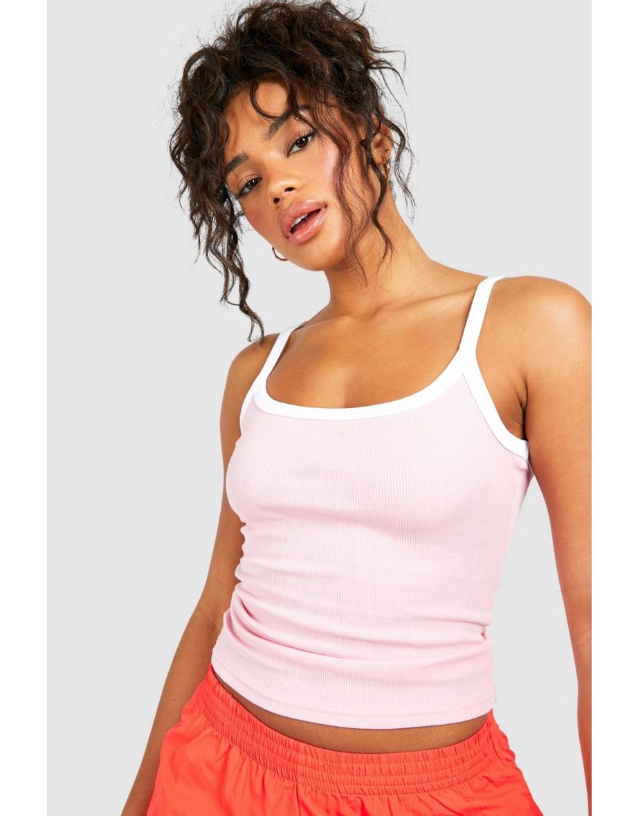 Premium Contrast Rib Strappy Vest - baby pink - 3