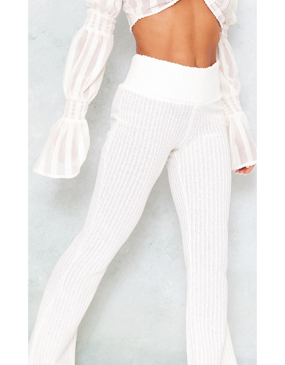Cream Textured Ladder Detail Flare Trousers - 3