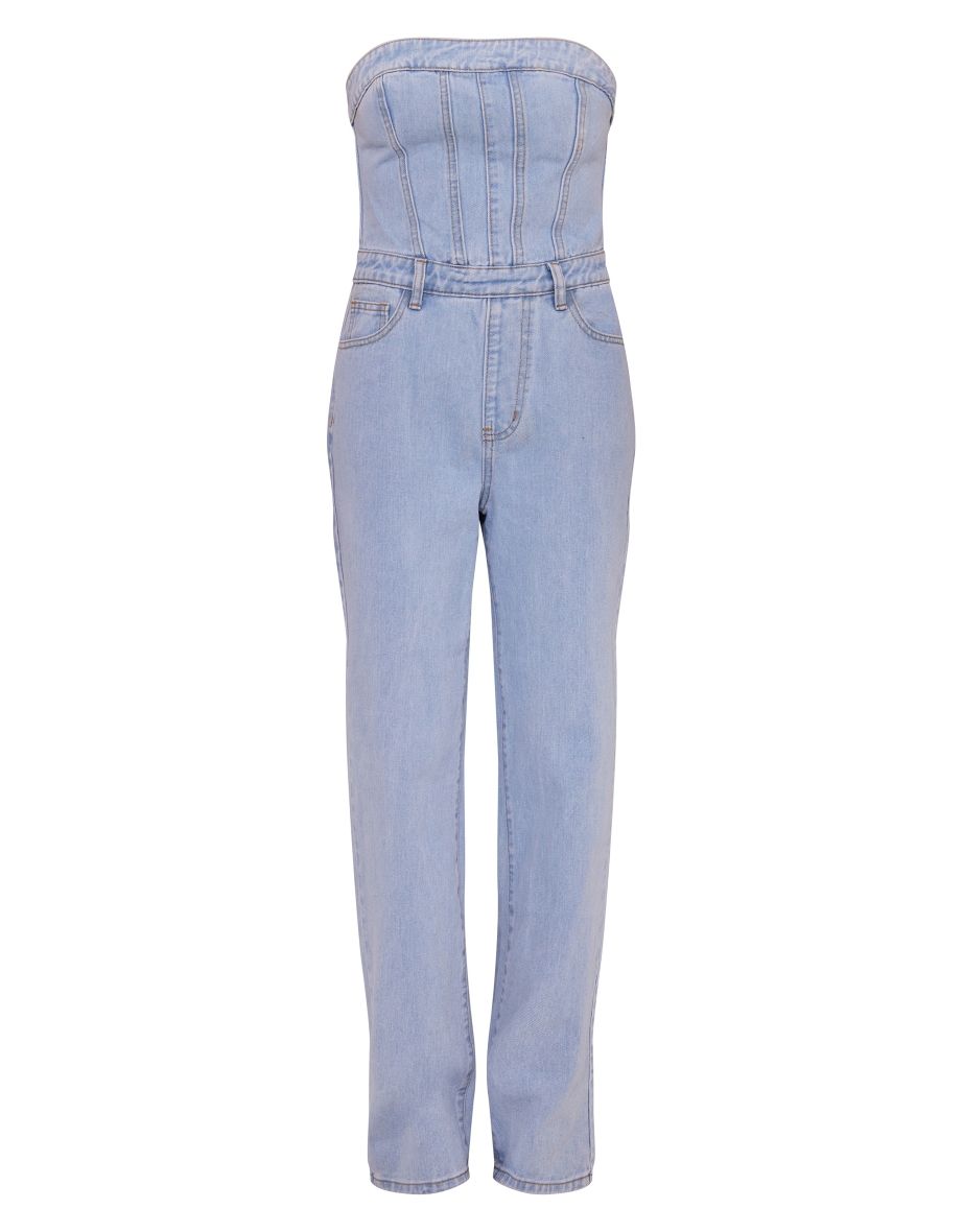 Light Blue Wash Bandeau Denim Jumpsuit - 4
