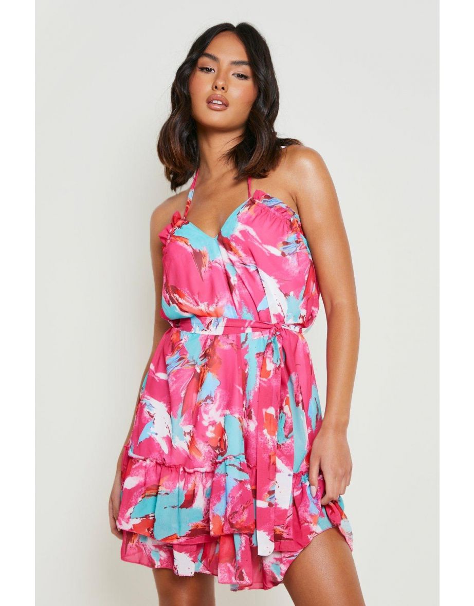 Marble Cross Front Woven Mini Dress - pink