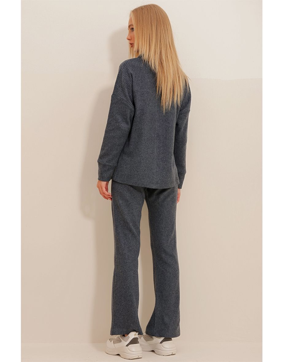 Women's Anthracite Polo Top and Palazzo Pants Knitwear Bottom and Top Set - 3