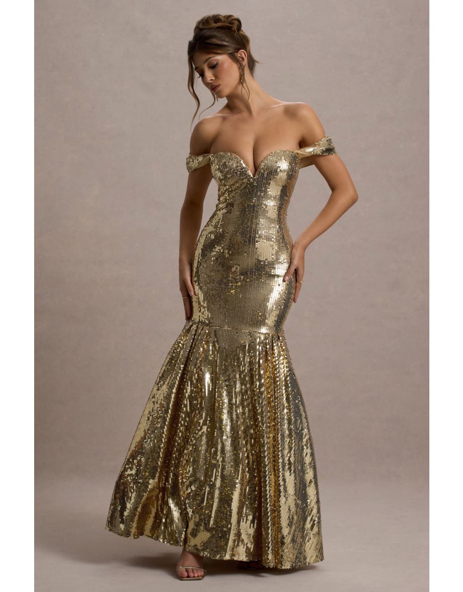 Guest Of Honour | Gold Sequin Bardot Floor Length Dress