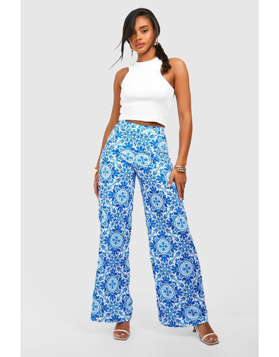 Tile Printed Wide Leg Trousers - blue