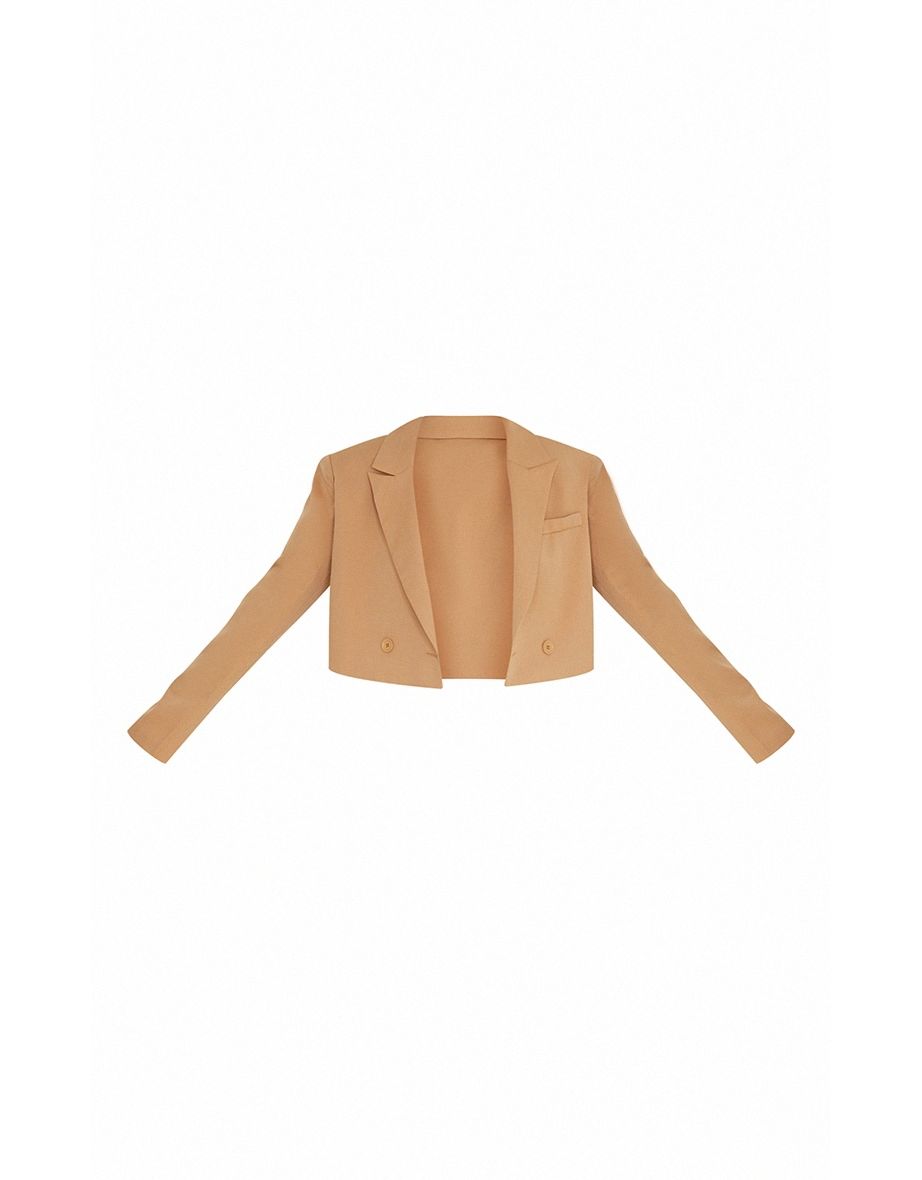 Camel Woven Cropped Shoulder Padded Blazer - 4