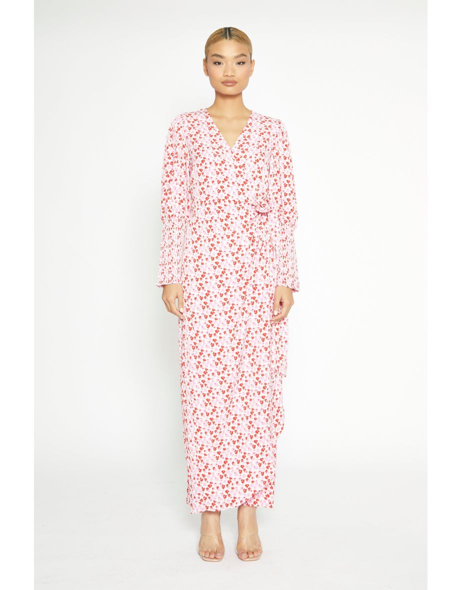 White-Red-Pink-Floral Wrap Maxi Dress