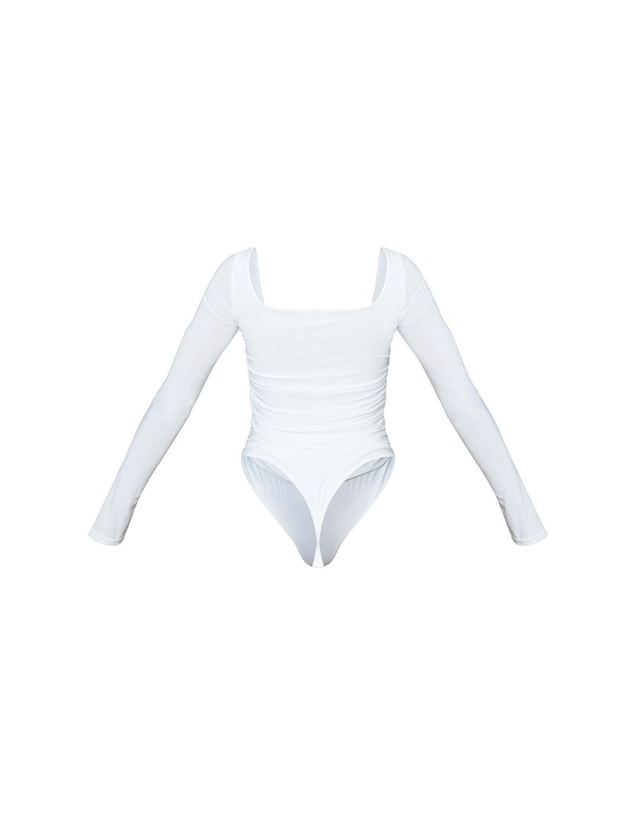 Cream Slinky Ruched Long Sleeve Square Neck Bodysuit - 4