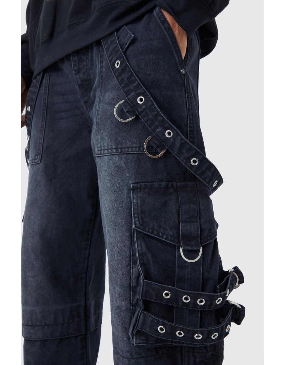 Baggy Rigid Cargo Strap Jeans In Washed Black - 2
