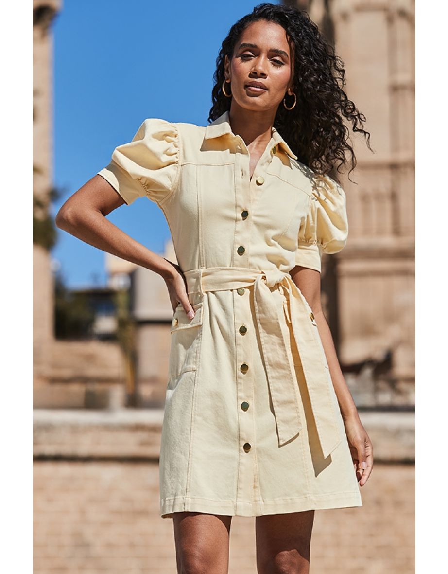 Yellow Puff Sleeve Belted Denim Dress - 4