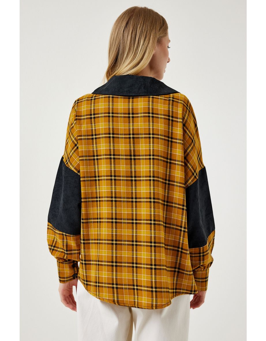 Women's Black Mustard Color Block Suede Woven Shirt - 4