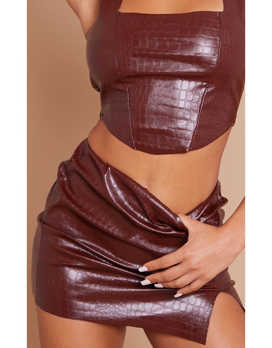 Chocolate Croc Vinyl Micro Mini Skirt - 4