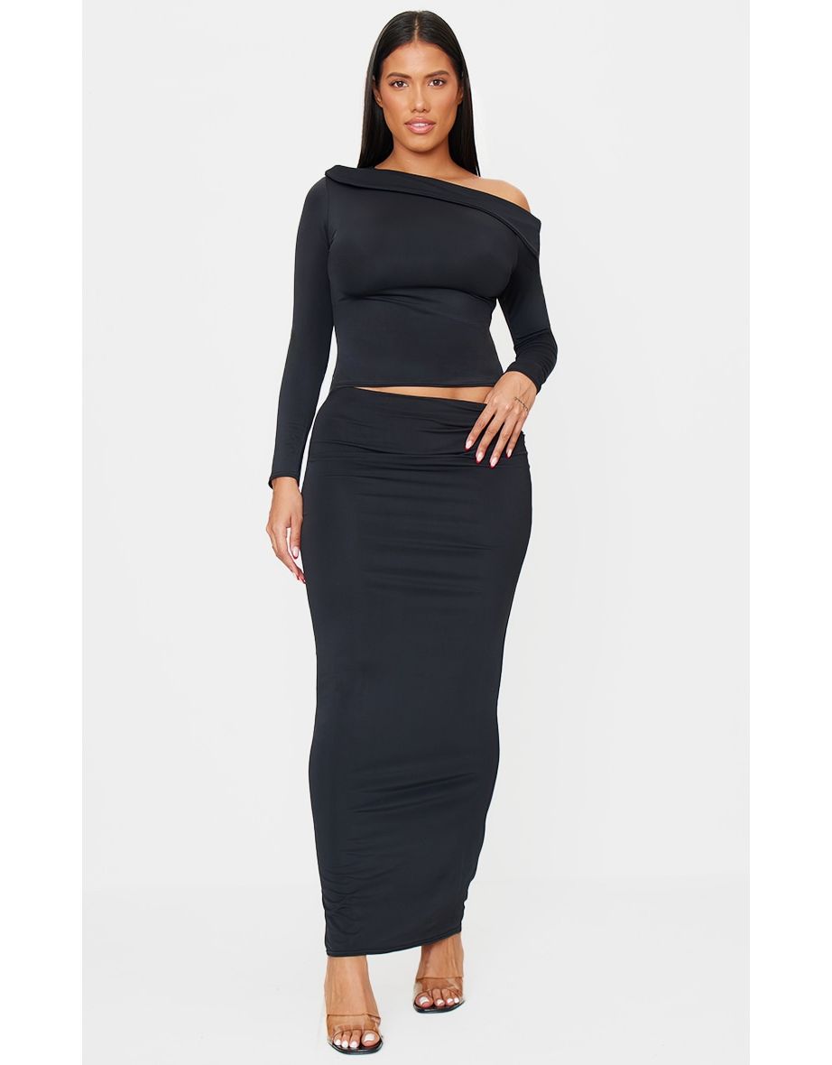 Shape Black Sculpt Fold Over Bardot Long Sleeve Top
