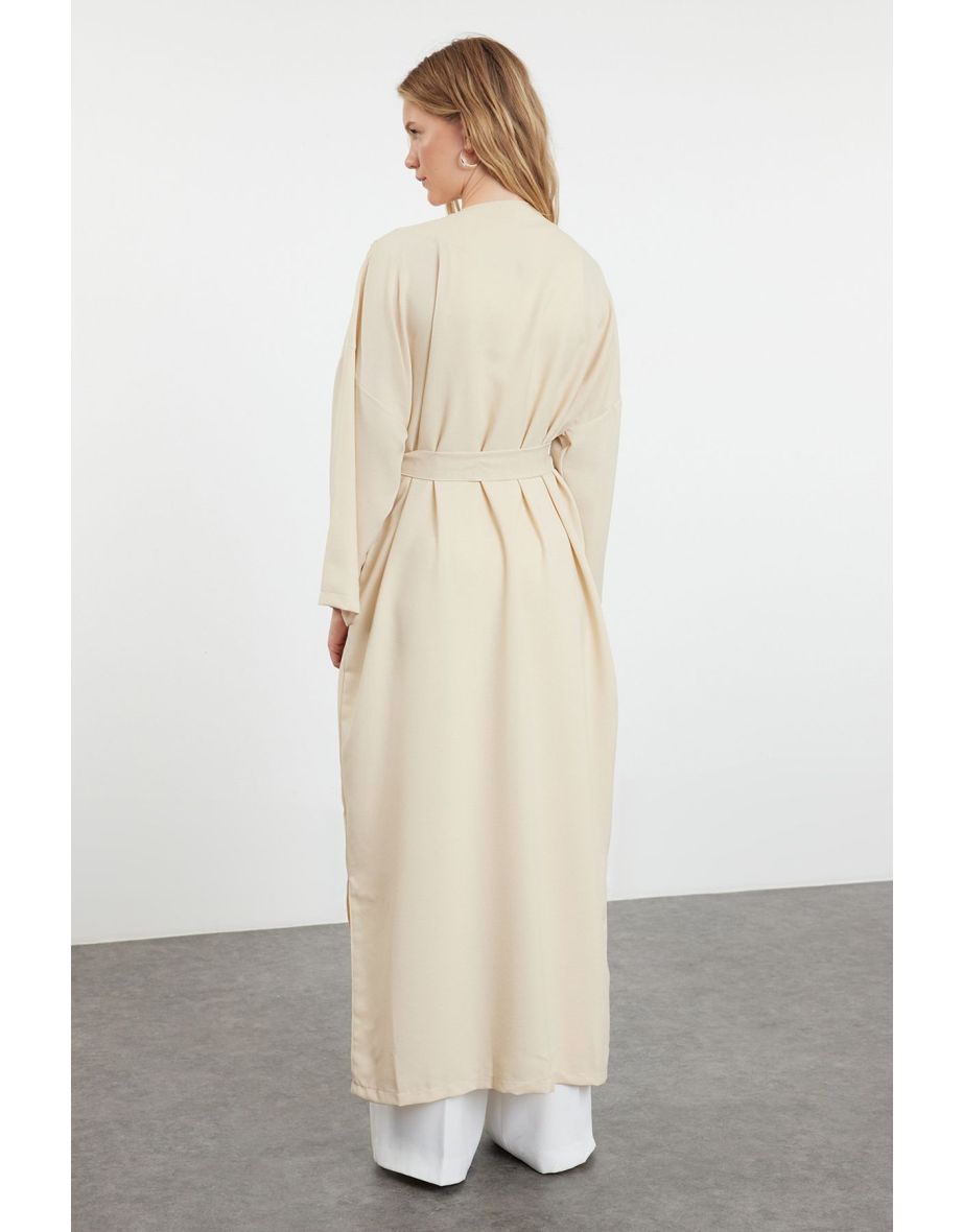Beige Linen Look Woven Cap & Abaya  with Embroidery Detail - 6