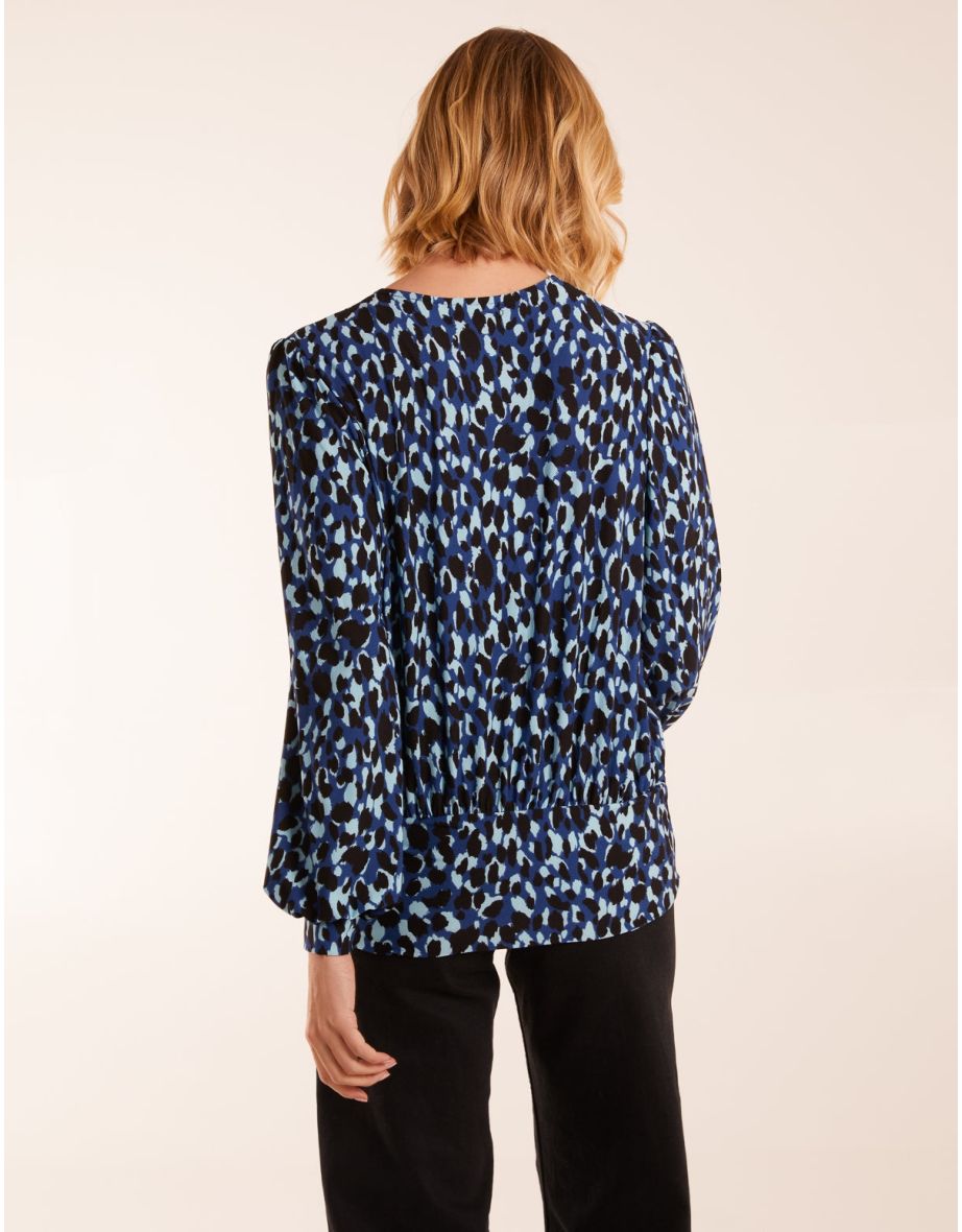Leopard Print Wrap Front Geometric Deep Hem Band Top - 3