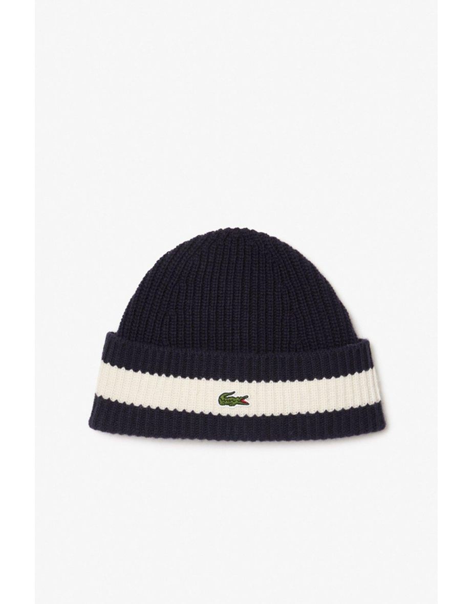Lacoste Croc Logo Colour Block Ribbed Beanie Navy - navy