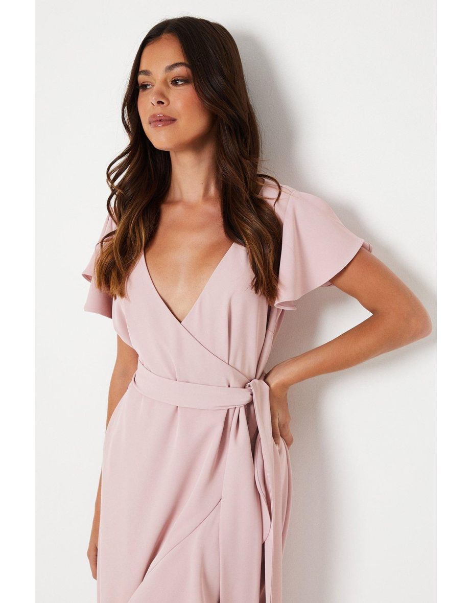 Ruffle Sleeve Wrap Flute Hem Crepe Dress - 3